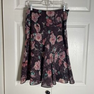 Vintage Y2K Access Liz Claiborne Floral Skirt Women 12 Brown Pink Flared Midi